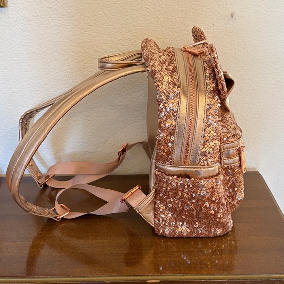 Disney Parks Loungefly Rose Gold Sequin Mini Backpack Vintage Heart Logo - Picture 6 of 11